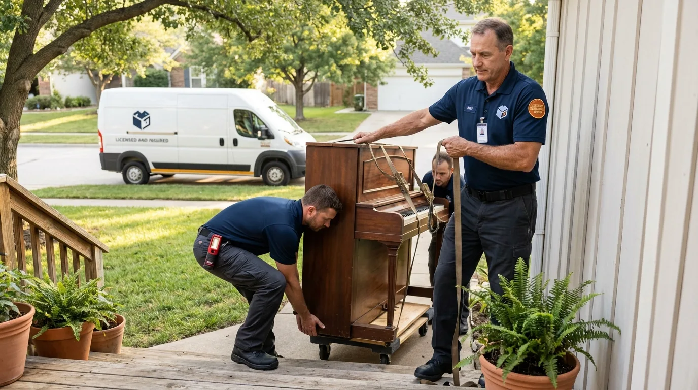 Licensed piano movers securing grand piano in Battle Creek, NE
