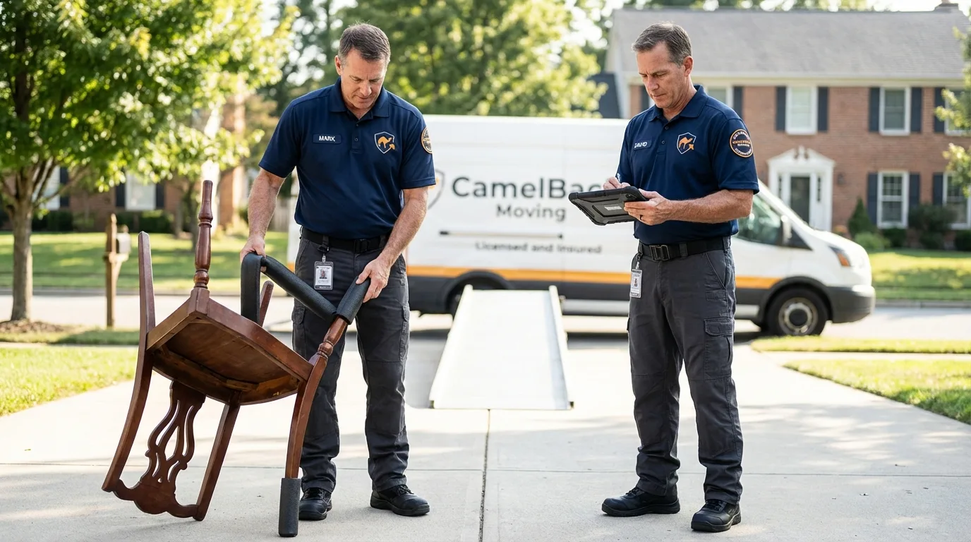 Movers inspecting furniture for damage prevention before loading in Battle Creek, NE