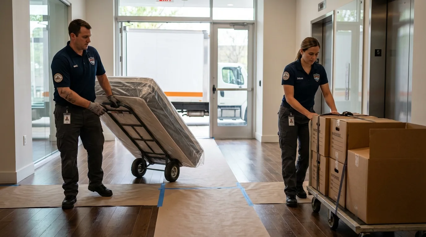 Professional apartment movers loading elevator in Battle Creek, NE
