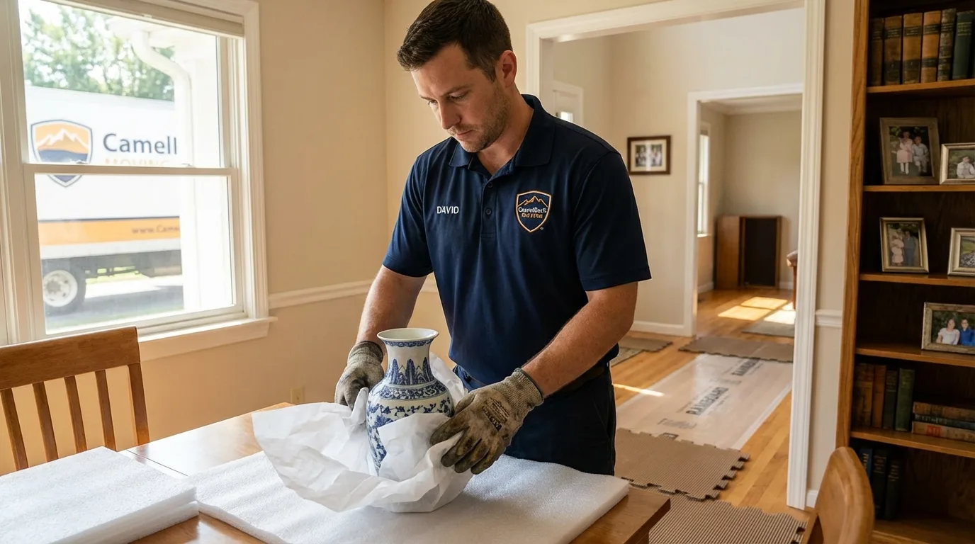 Professional crew carefully wrapping antique vase for senior downsizing move in Battle Creek, NE